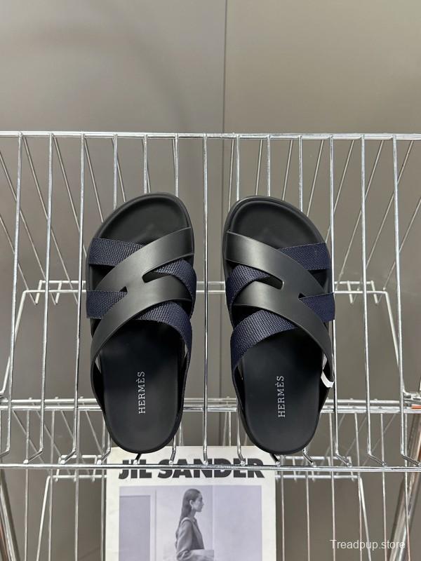 2025 Unisex Hermès Black Leather Fabric Slippers