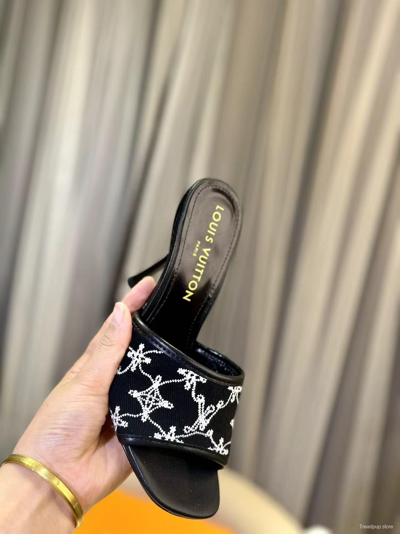 2025 Women Louis Vuitton Black White Embroidered Leather High Heel LY00250