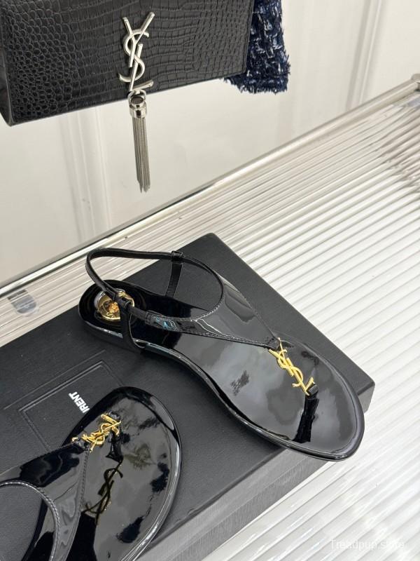 2025 Women Yves Saint Laurent Black Patent Leather Thong Sandals