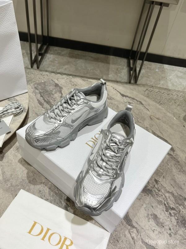 2025 Women Dior Silver Mesh Leather Sneakers