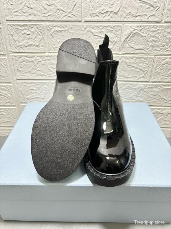 2024 Unisex Prada Black Patent Calf Leather Cowhide Leather Ankle Boots MJ00380