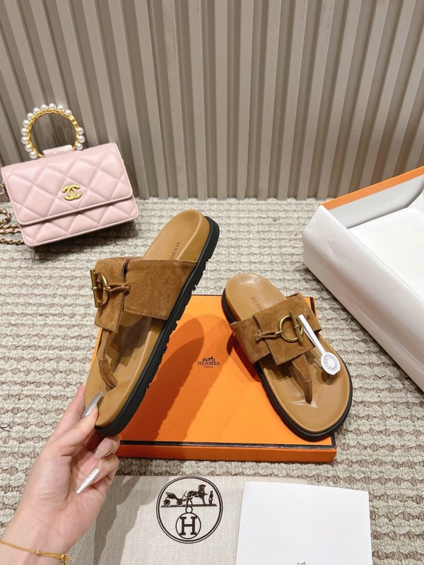 2025 Slippers Hermès Brown Suede Leather Casual LY00350