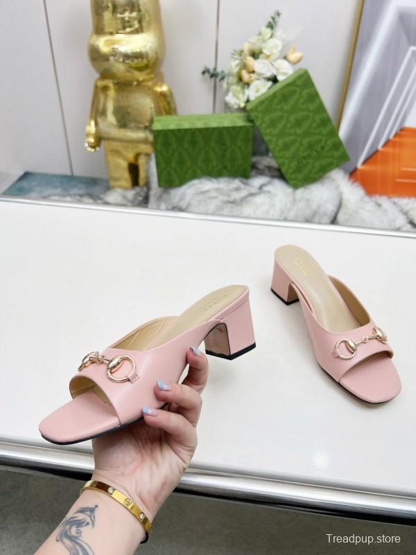 2025 Women Gucci Pink Leather Block Heel Mules MJ00180