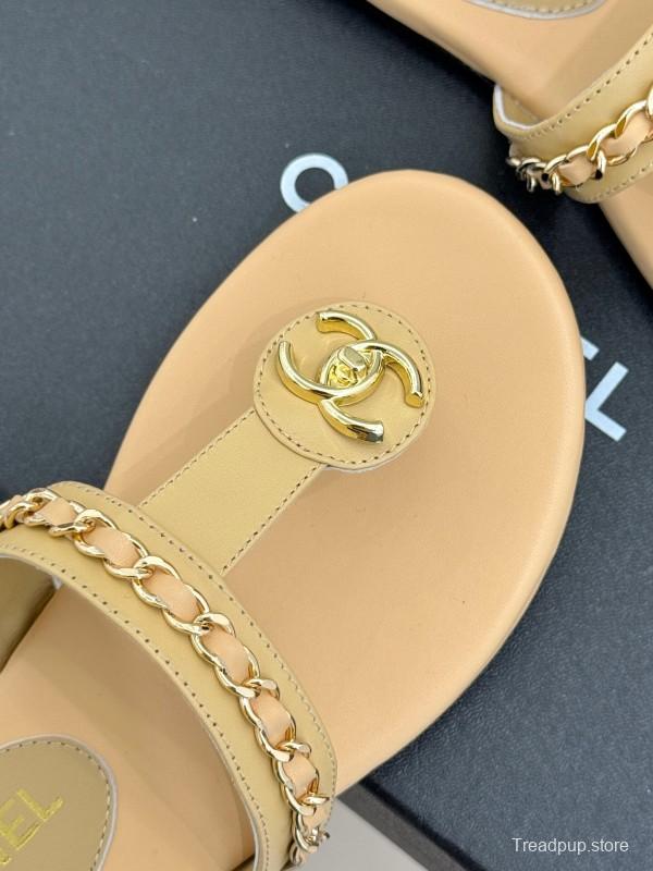 2025 Women Chanel Beige Lambskin Chain Toe Post Sandals KFY00250