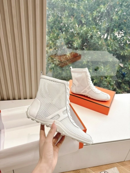 2025 Women Hermès White Leather Mesh Ankle Boots