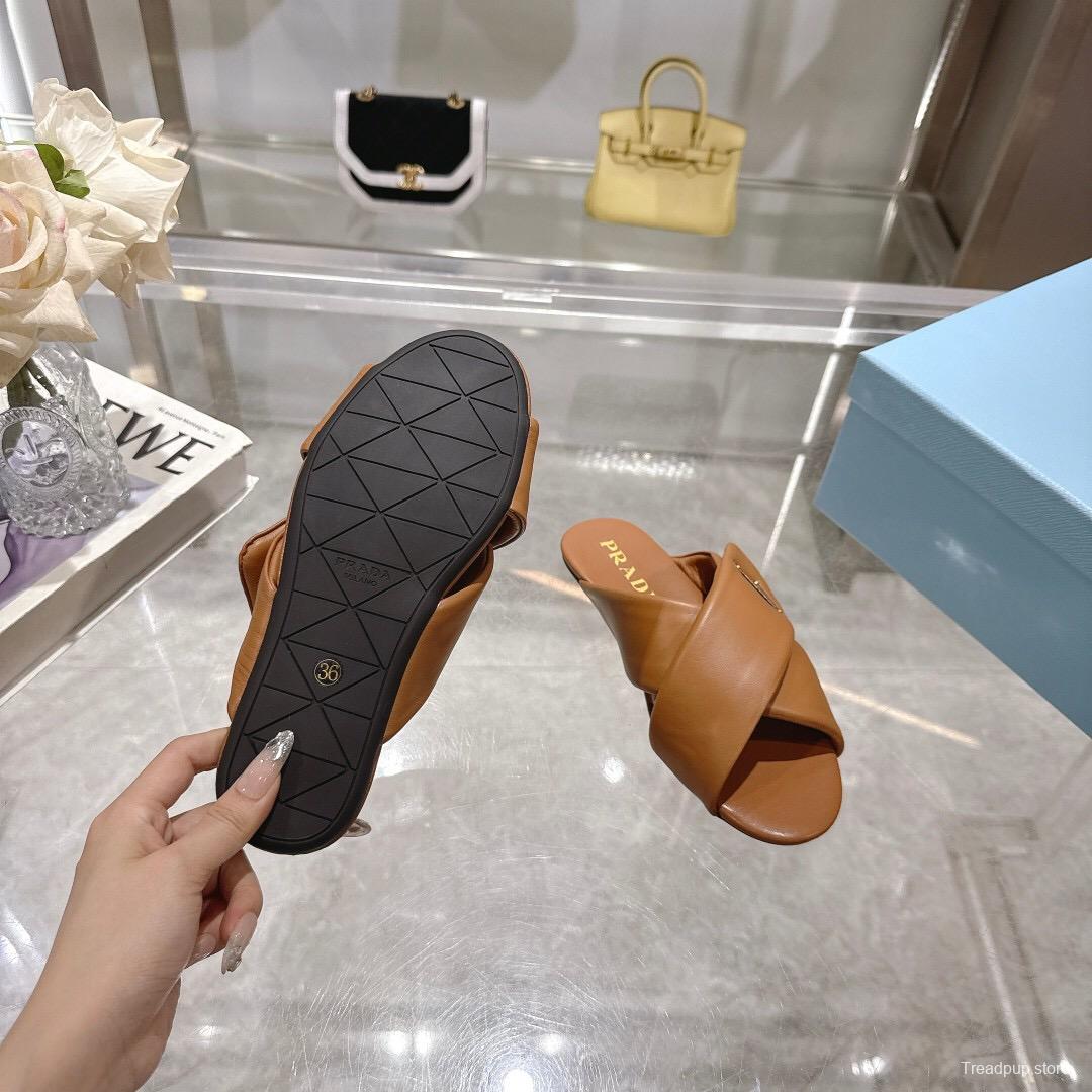 2025 Women Prada Brown Leather Slippers