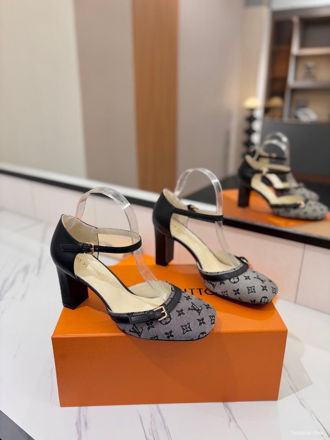 2025 Women Louis Vuitton Grey Black Denim Leather Heeled Sandals KFY00310