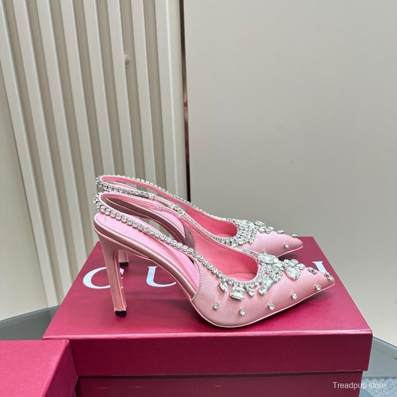 2025 Women Gucci Pink Silk Slingback High Heel Crystal MJ00340