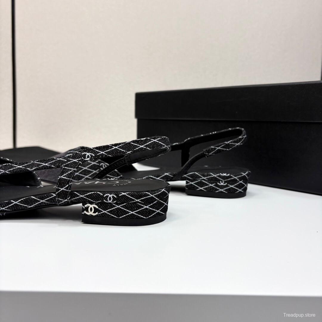 2025 Women Chanel Black White Fabric Leather Slingback LY00240