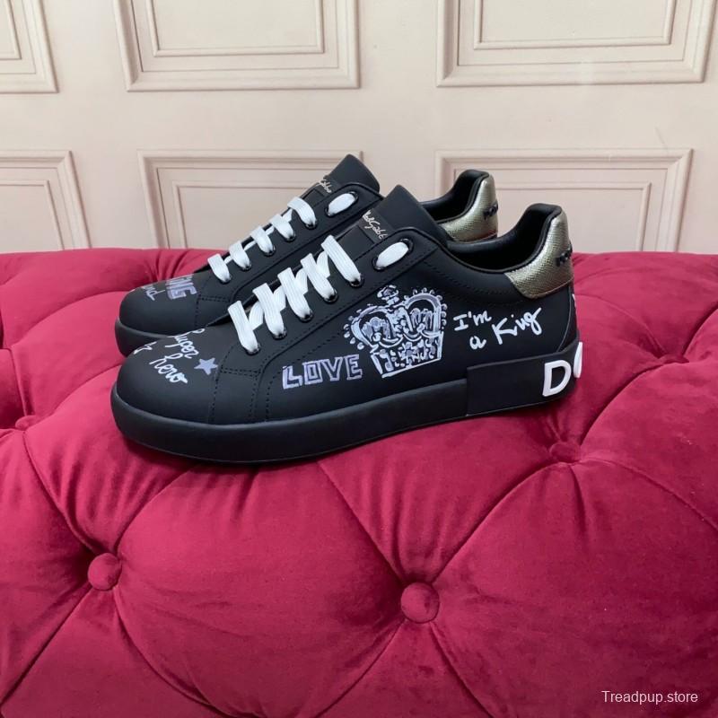 2025 Men Dolce & Gabbana Black Silk Leather Sneakers Crown Embellishment LY00360