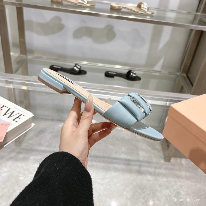 2025 Women Miu Miu Light Blue Leather Slippers
