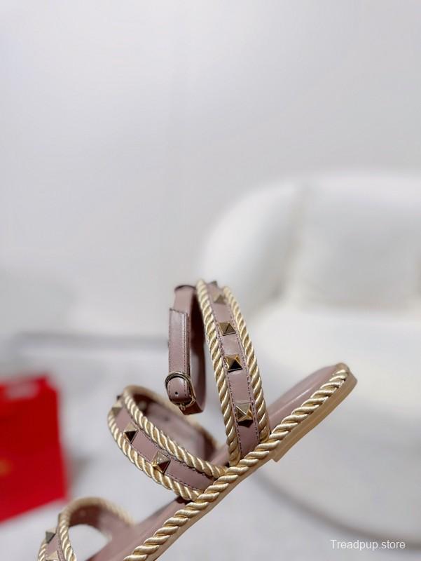 2025 Women Valentino Beige Leather Rope Espadrille Sandals LY00250