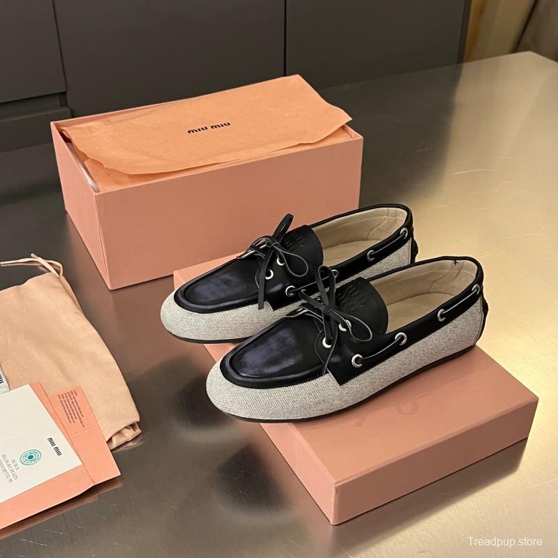 2025 Women Miu Miu Black Beige Leather Fabric Loafers