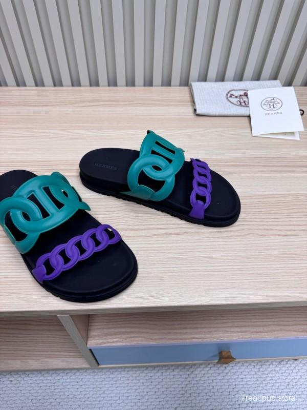 2025 Slippers Hermès Green Purple Rubber Casual LY00360