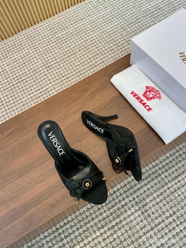 2025 Women VERSACE Black Leather Mule Heels LY00250