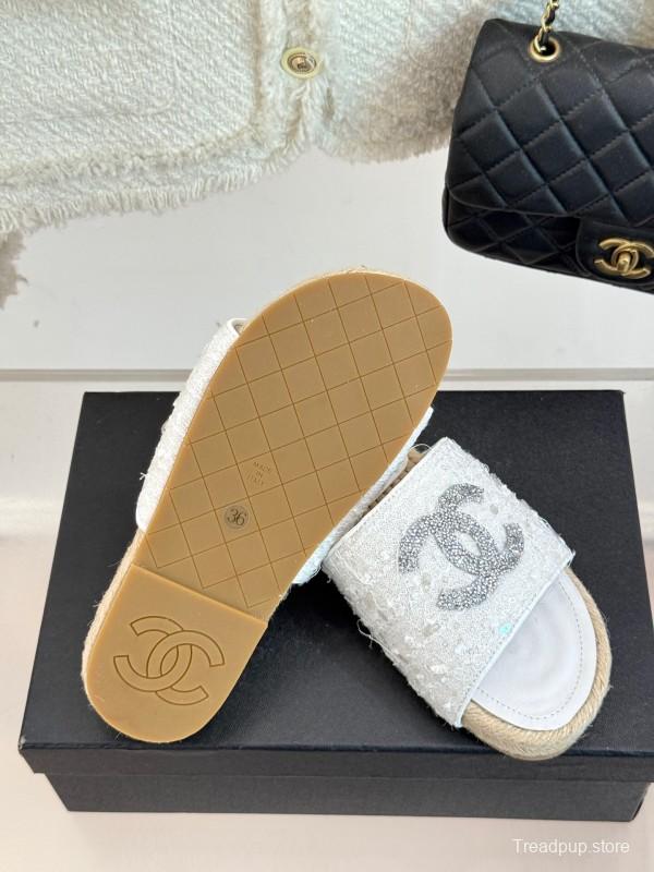2025/Women Chanel White Lace Espadrille Slide Sandals Handwoven Jute Sole KFY00240(F)