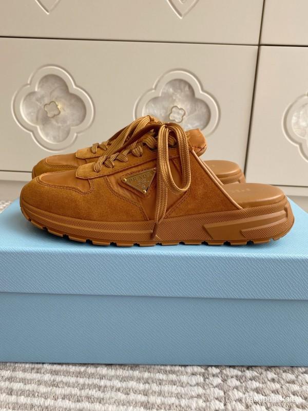 2025 Women Prada Brown Leather Suede Sneakers