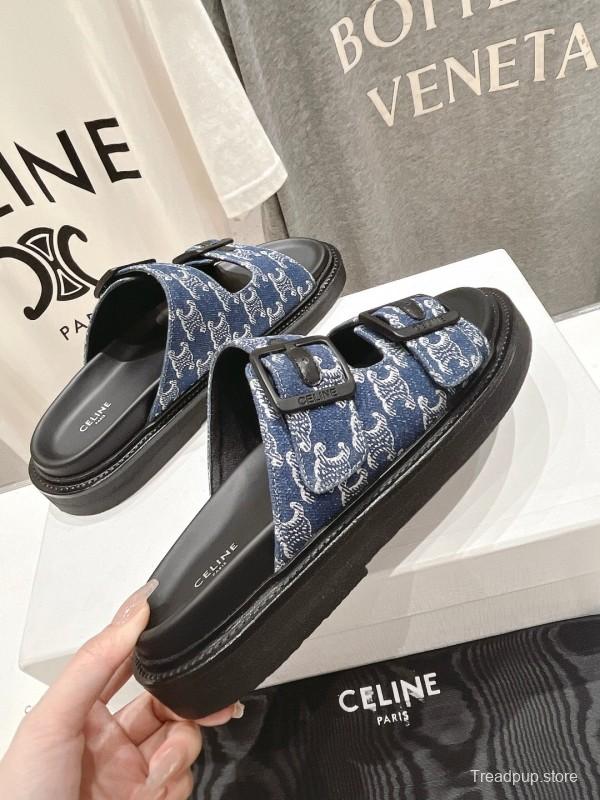 2025/Unisex CELINE Blue Denim Buckled Slide Sandals Stylish Comfort KFY00280