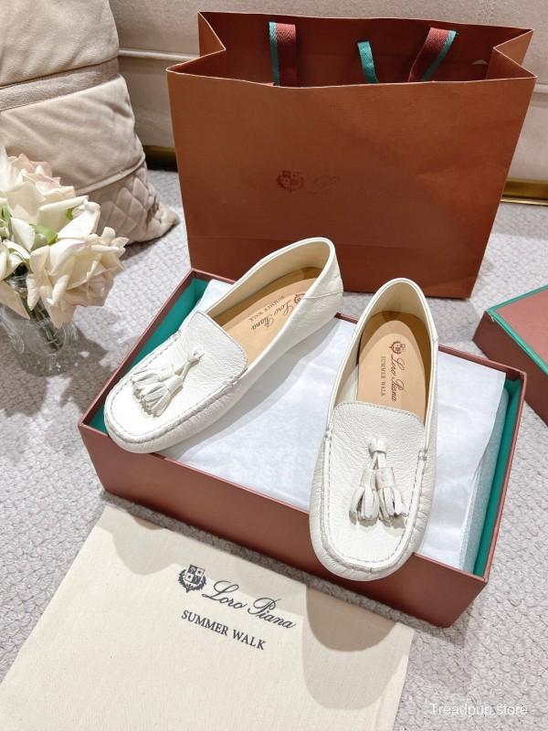 2025 Women Le Parmentier White Leather Loafers Tassel LY00291