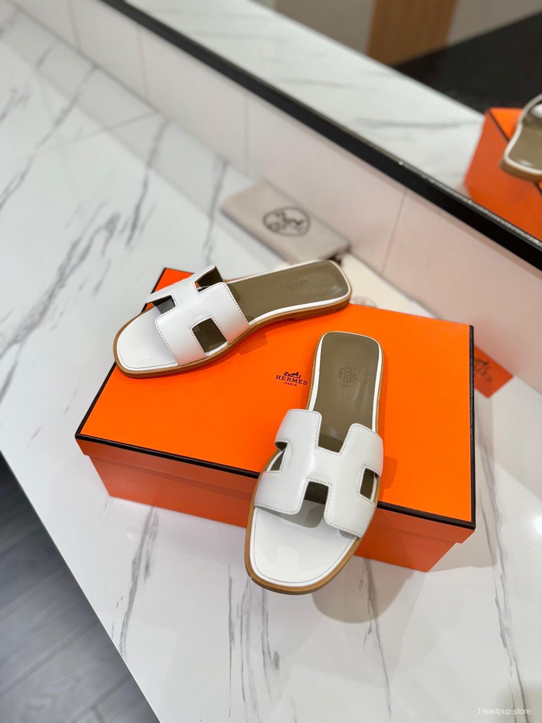 2025 Women Hermès White Leather Slippers