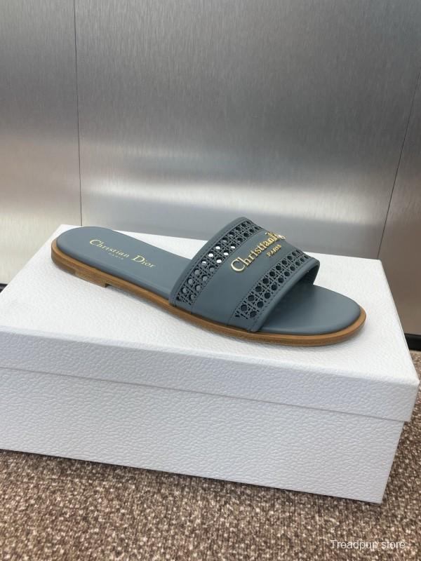 2025 Women Dior Blue Leather Slippers KFY00300