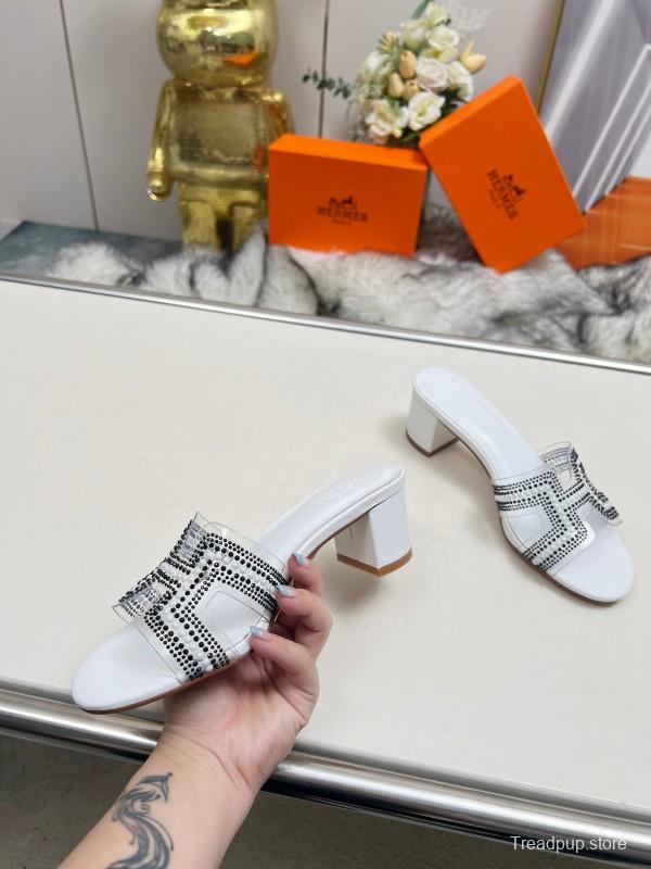 2025 Slippers Hermès White Leather Crystal MJ00180