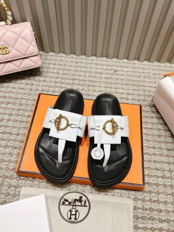 2025 Women Hermès White Leather Slippers LY00270