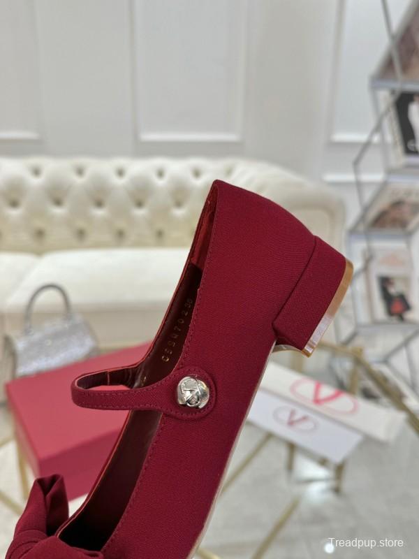 2025 Women Valentino Red Fabric Mary Jane Bow Flat LY00300
