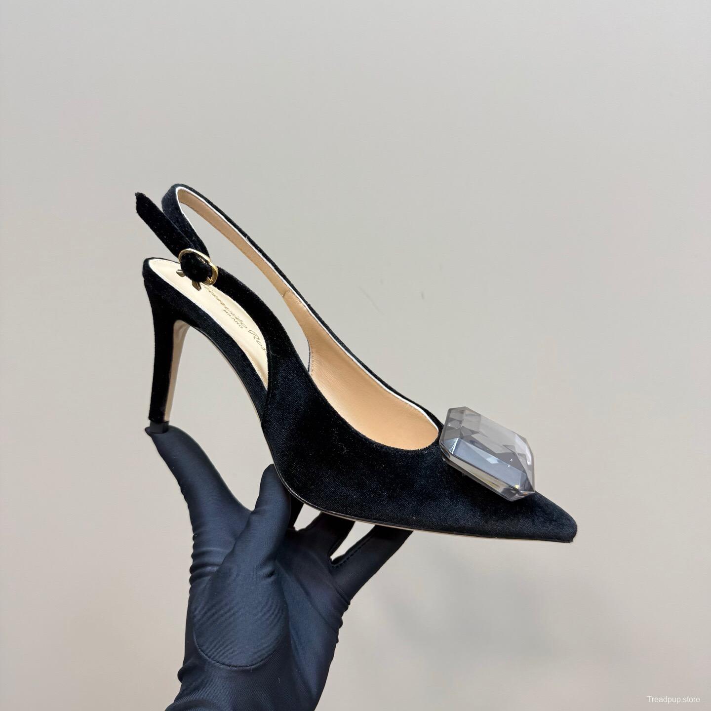 2025 Women Gianvito Rossi Black Velvet Slingback Heels Gemstone Decoration KFY00300