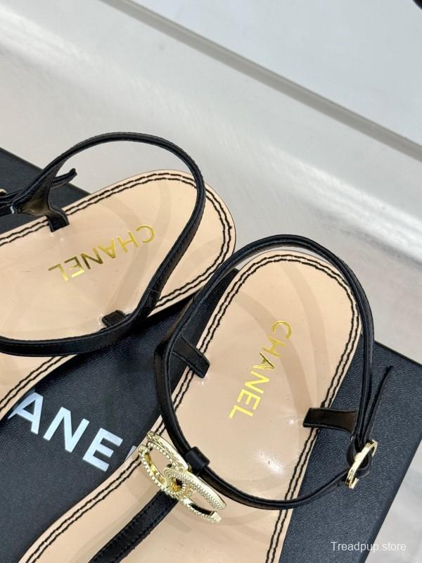 2025 Women Chanel Black Leather Sandals KFY00290