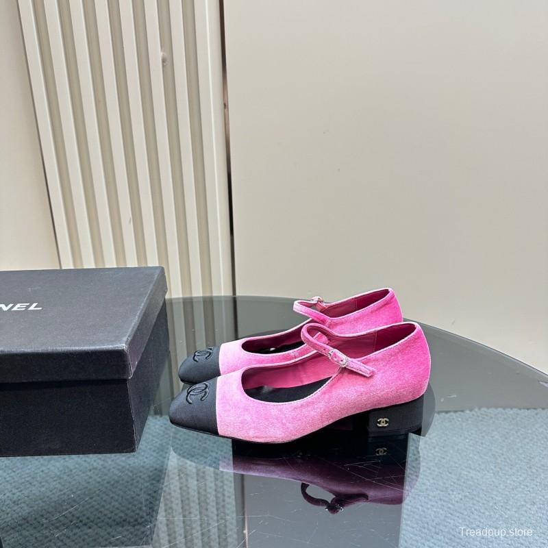 2025 Women Chanel Pink Black Velvet Mary Jane Shoes