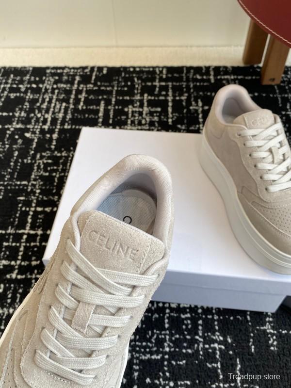 2025 Women Celine Beige Suede Platform Sneakers CELINE Embroidery