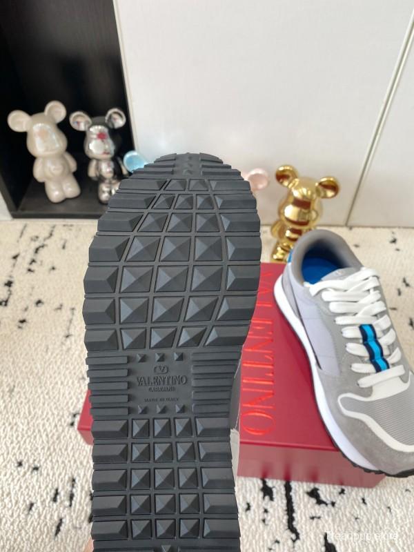 2025 Unisex Valentino Grey Blue White Leather Silk Glossy Running Sneakers LY00340