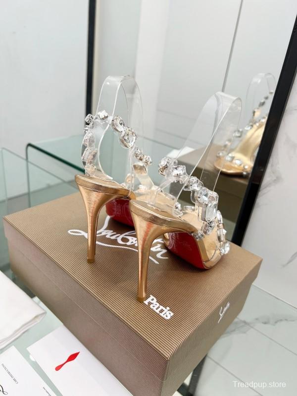 2025 Women Christian Louboutin Gold PVC Crystal High Heel Sandals LY00300