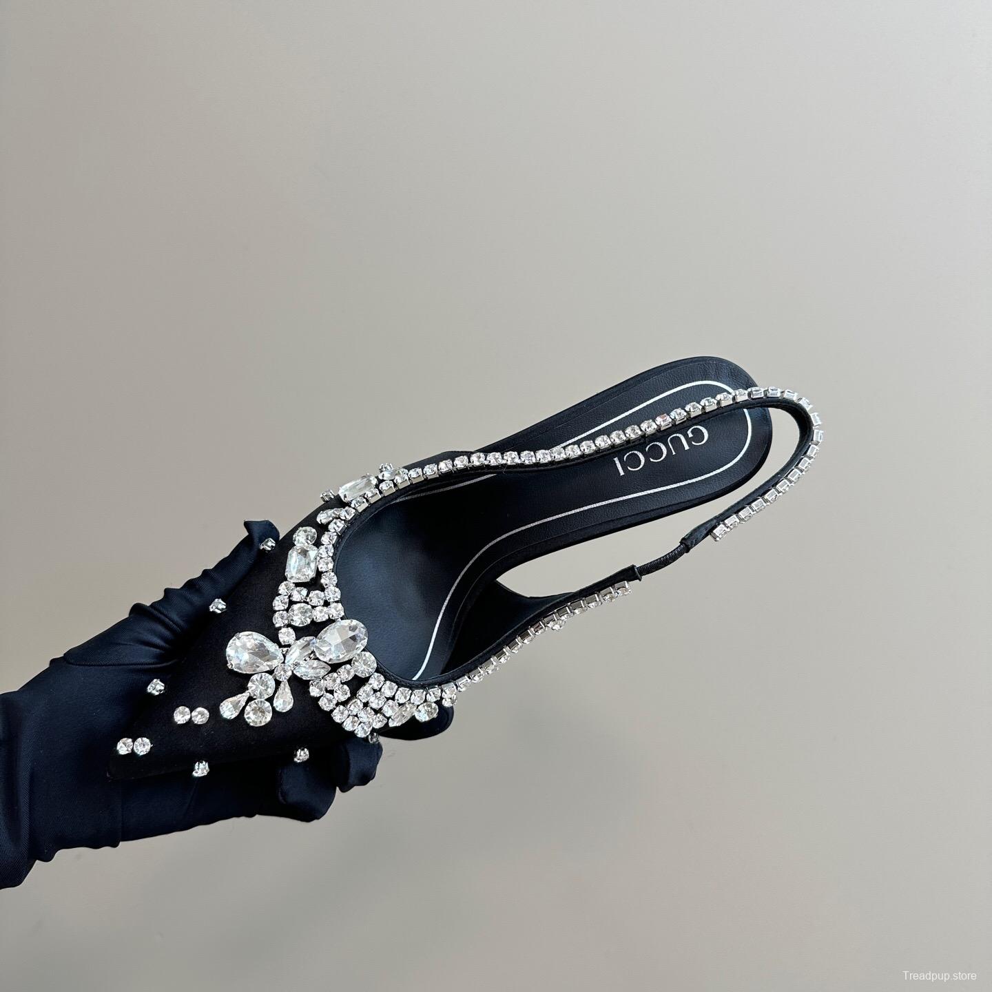 2025 Women Gucci Black Satin Crystal Embellished Slingback Heels