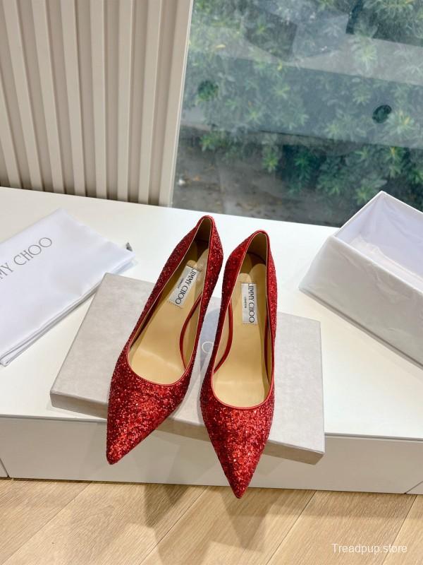 2025 Women Jimmy Choo Red Glitter Leather Pumps