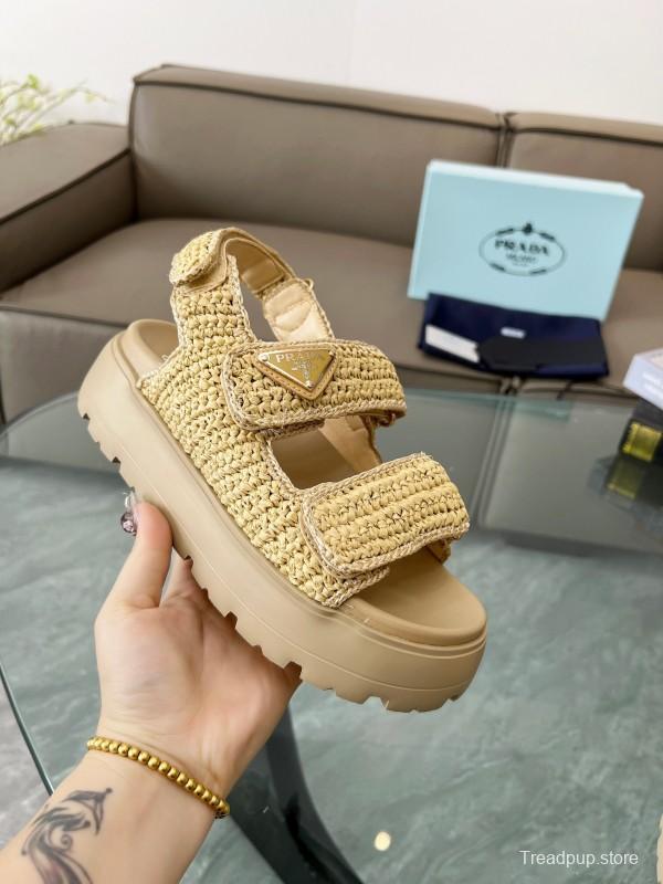 2025 Women Prada Beige Braided Leather Platform Sandals LY00300