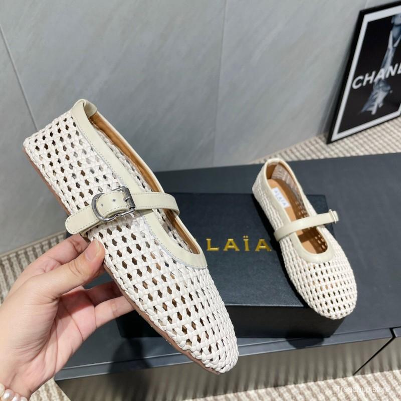 2025 Women Alaïa White Leather Woven Mary Jane Flat Shoes LY00360(F)