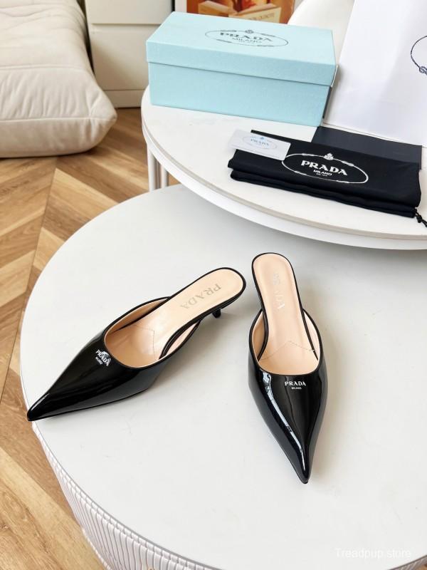 2025 Women Prada Black Patent Leather Heeled Slippers LY