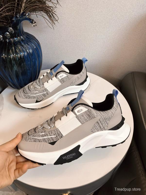 2024 Unisex Valentino White Grey Blue Fabric Leather Sneakers MJ00340