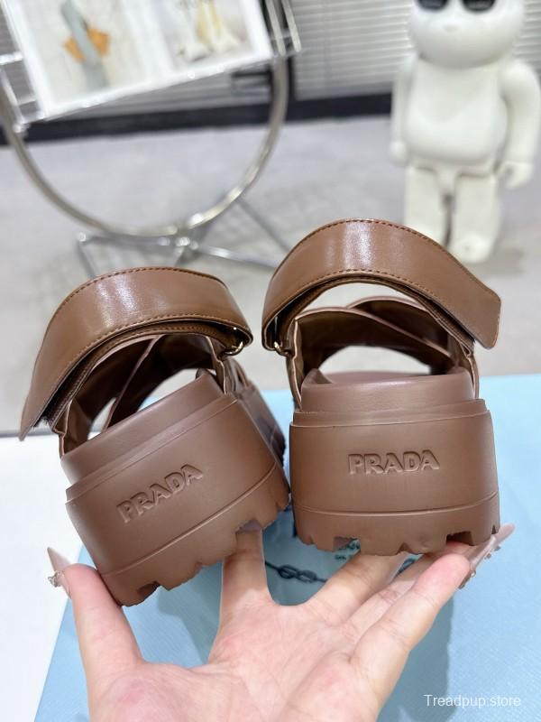 2025 Women Prada Brown Leather Sandal