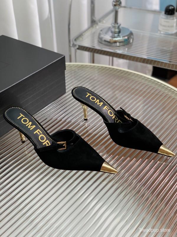 2025 Women TOM FORD Black Suede Leather Pointed Toe Metal Tip Mules