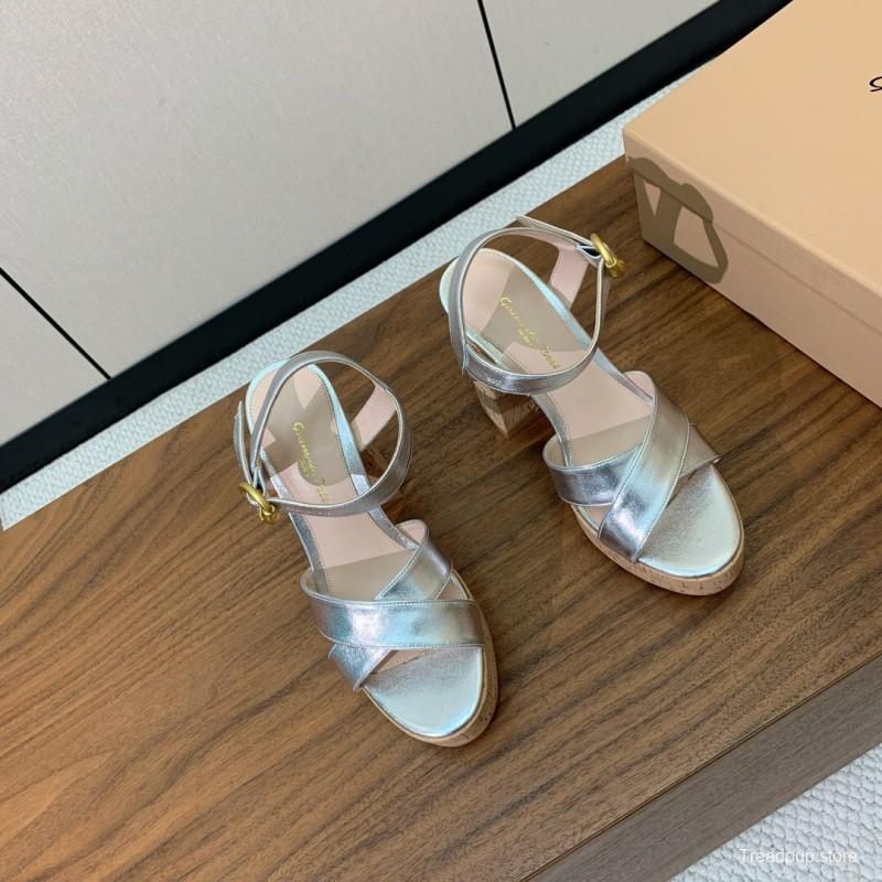 2025 Women Gianvito Rossi Silver Leather Platform Sandals