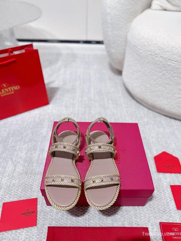 2025 Women Valentino Beige Leather Rope Espadrille Sandals LY00250
