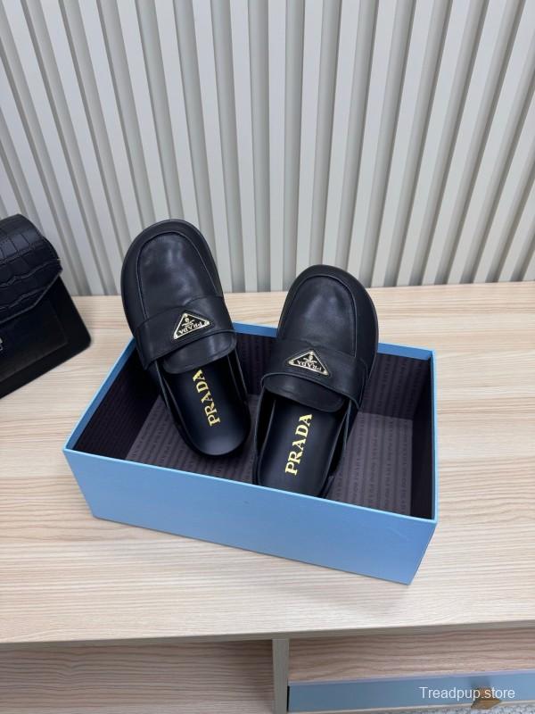 2025 Women Prada Black Leather Platform Loafers