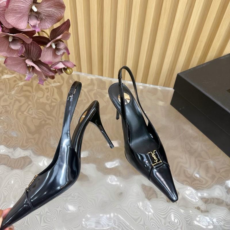 2025 Women Yves Saint Laurent Black Patent Leather Slingback Heels