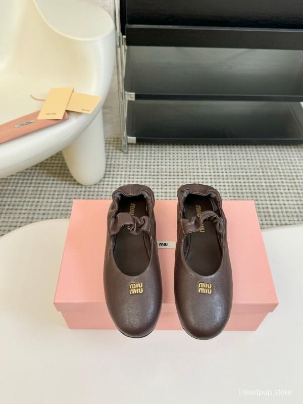 2025 Women Miu Miu Brown Leather Ballet Flats