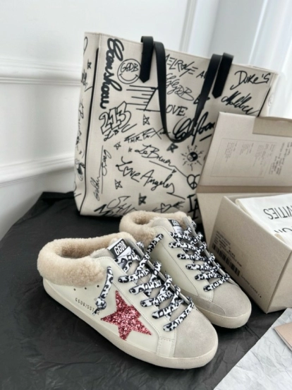 2024 Unisex GGDB White Pink Glitter Suede Leather Fur Slippers MJ00280