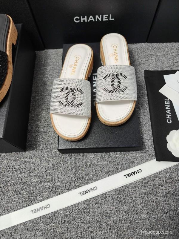 2025 CHANEL Silver Crystal Leather Slippers