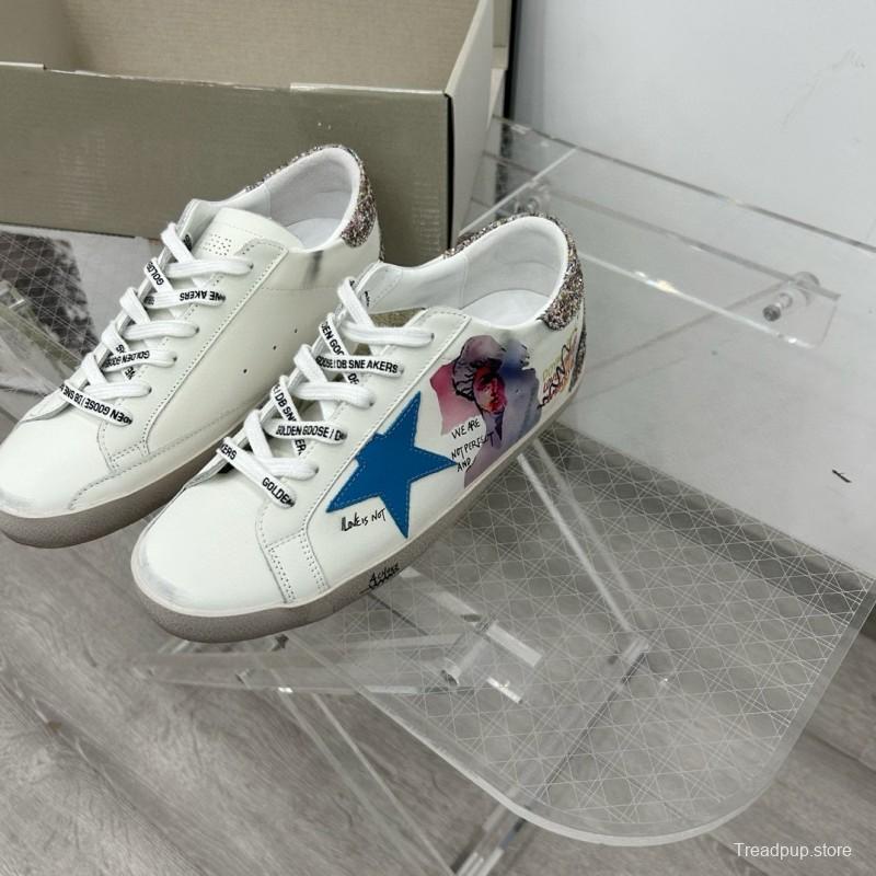 2025 Women GGDB White Blue Leather Sneakers